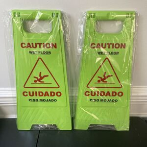2 Pack Bilingual Caution Wet Floor Sign Safety 2 Sided Green Warning Signs 24"